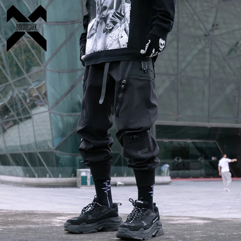 Black hip hop tactical cargo pants for men with multiple pockets drawstrings and elastic waist for streetwear fashion