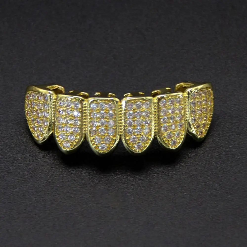 Gold-plated hip hop teeth grillz rhinestone removable top and bottom set with dense clear cubic zirconia hollow charm design