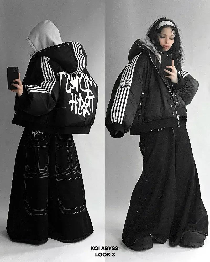Black puffer hip hop trend harajuku loose zipper coat with white graffiti lettering and gray hood lining for men
