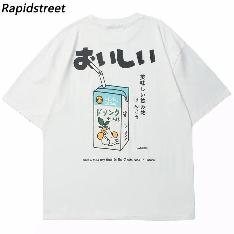 White hip hop tshirt with japanese kanji drink milk carton graphic and have a nice day text for shirt streetwear harajuku