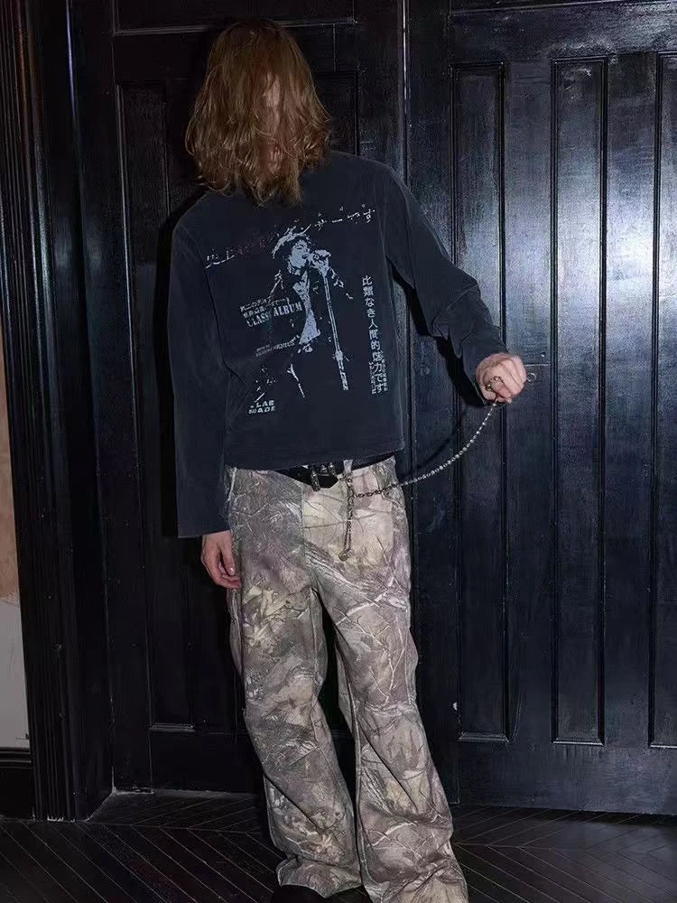 Black long sleeve hip hop vintage shirt with white musician graphic and japanese text on the back streetwear harajuku gothic