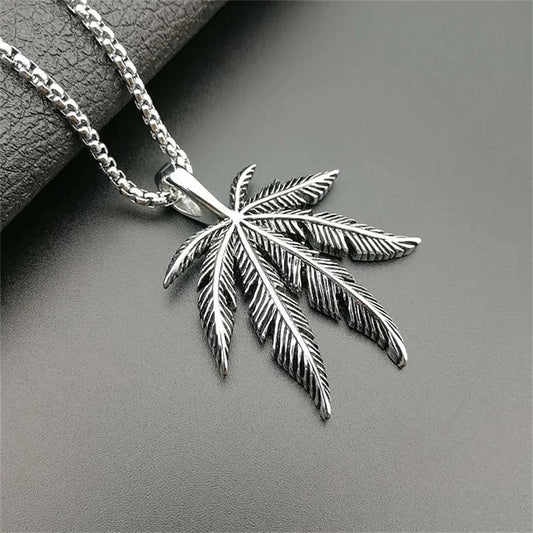 Silver vintage hemp leaf pendant on stainless steel chain stylish hip hop jewelry for men and women gift 2025