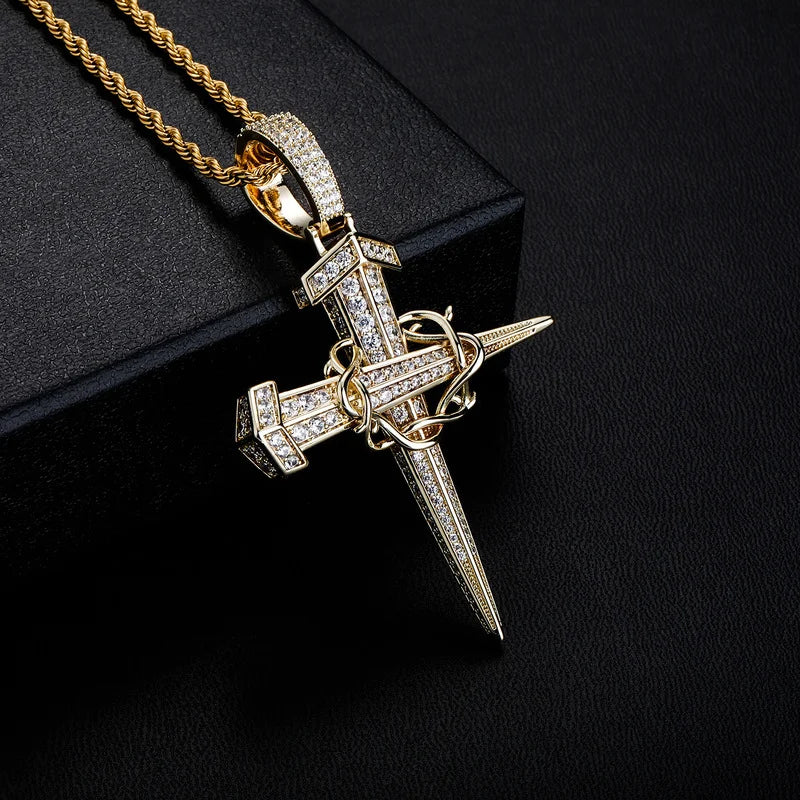 Gold-plated vintage winding nail cross pendant with clear cubic zirconia on chain hip hop rapper jewelry gifts