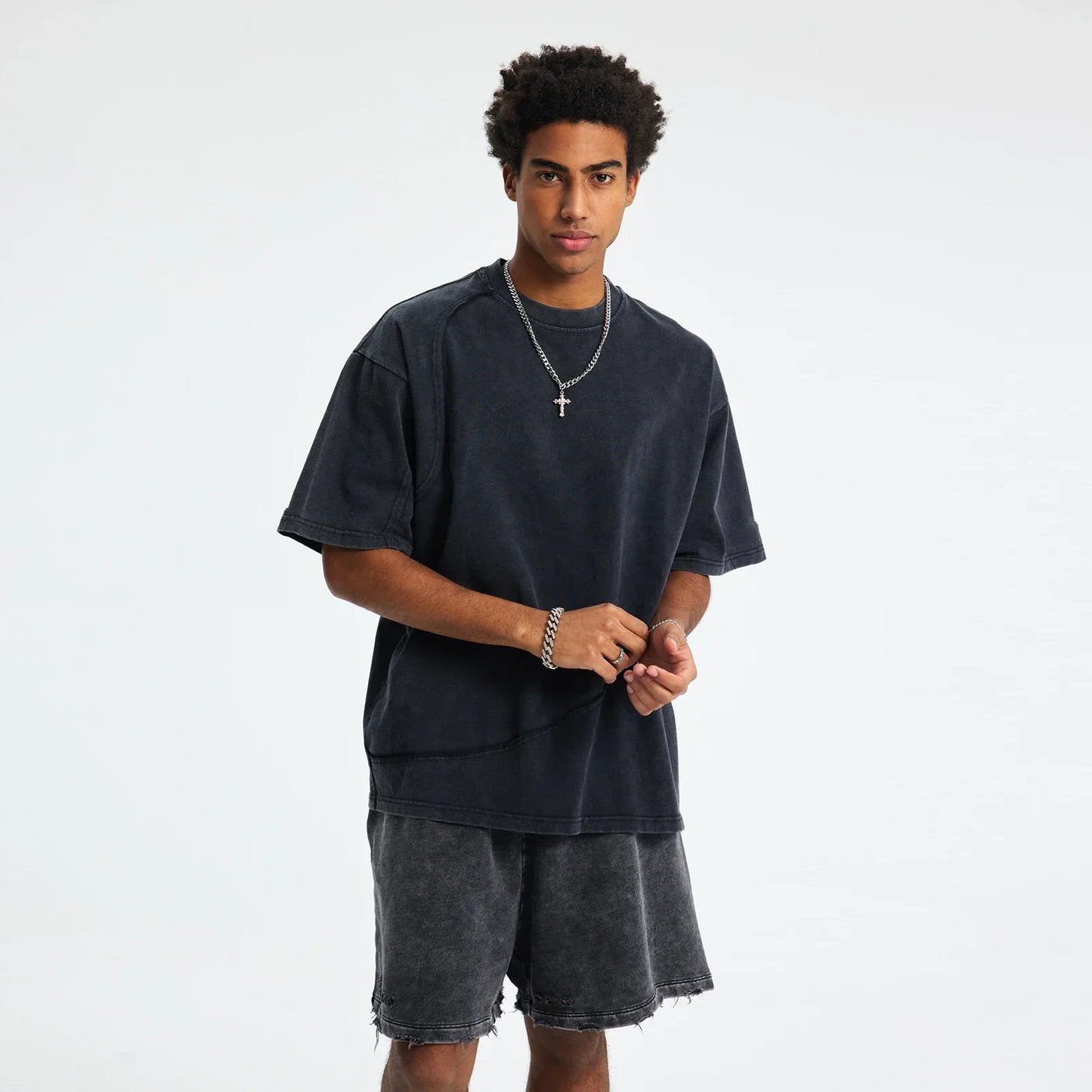 Dark gray hip hop wax printing sleeve tee oversized with quality raw edges and a subtle faded texture in cotton