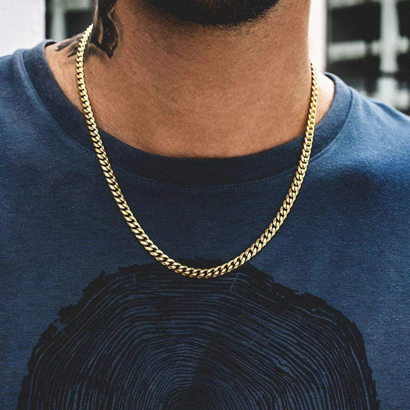 Gold-colored 9mm cuban link stainless steel chains necklace for men hip hop rapper’s simple choker jewelry