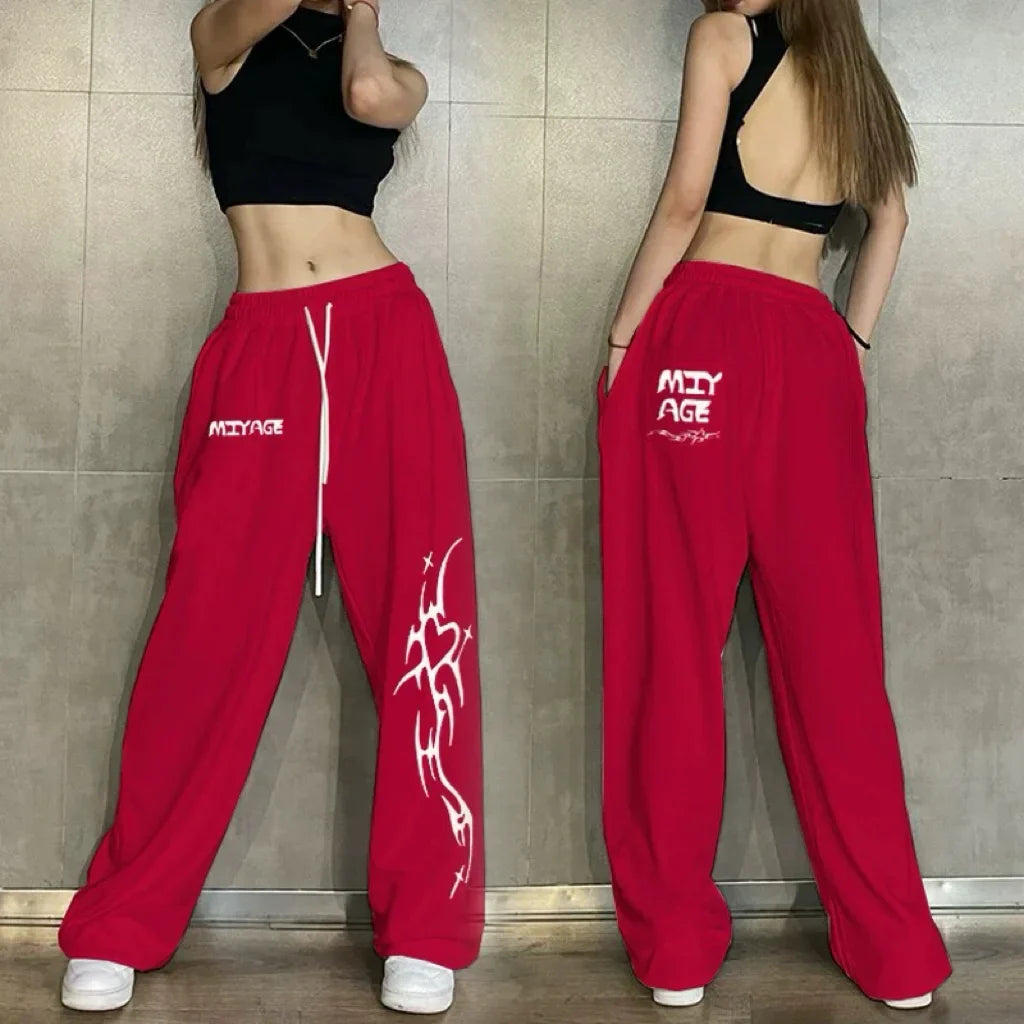Red wide-leg cotton hip hop women casual dance sweatpants with white drawstrings and tribal design for spring autumn streetwear