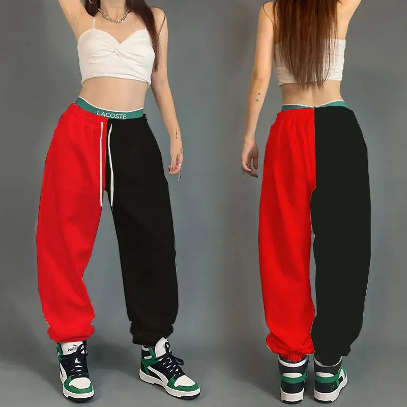 Red and black split-leg lacoste streetwear dance sweatpants with green waistband pockets cotton loose hip hop women streetwear