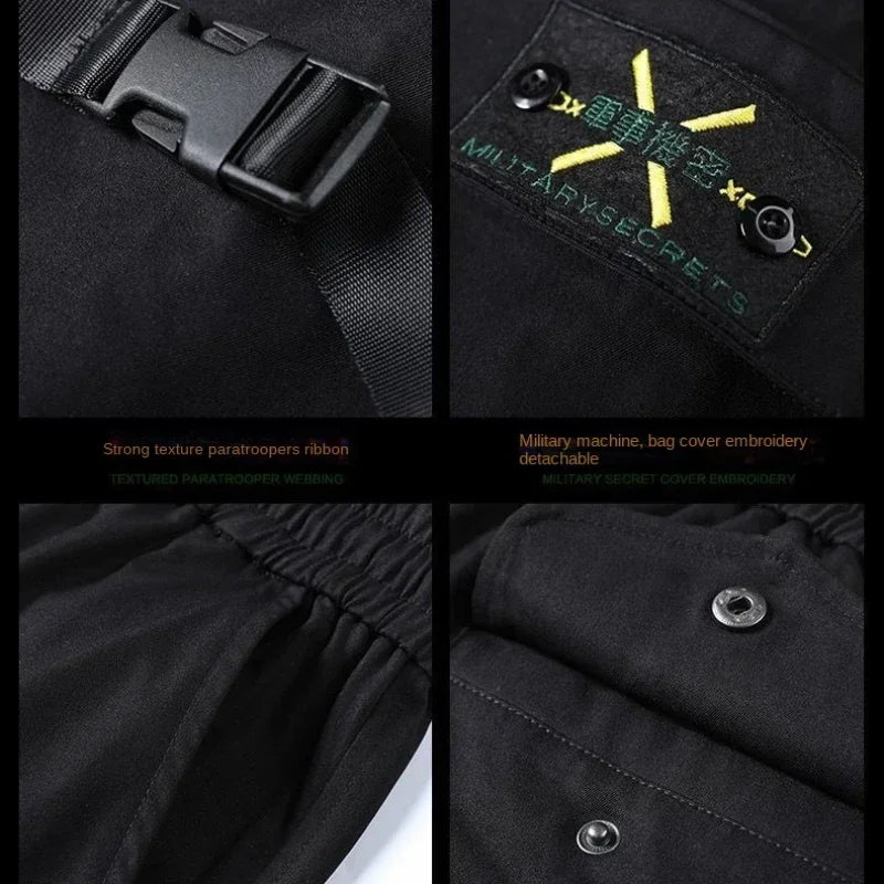 Black tactical pants with textured paratrooper ribbon detachable military patch and buckle for casual korean harem style