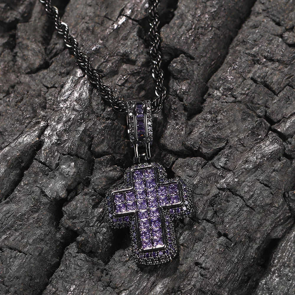 A black hiphop luxury inlaid rope chain necklace with a purple cubic zirconia inlaid cz cross pendant