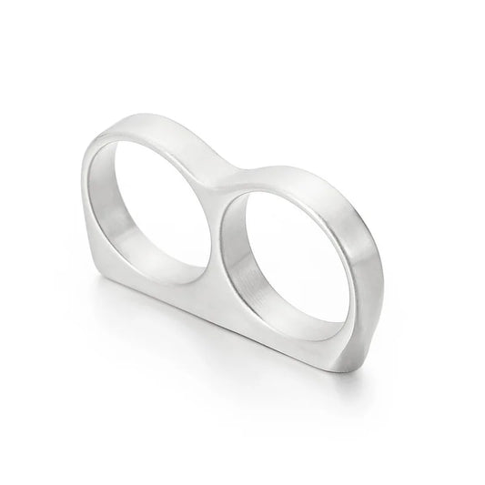 Silver stainless steel hiphop men ring with double finger brass knuckles rings featuring two circular loops and polished finish