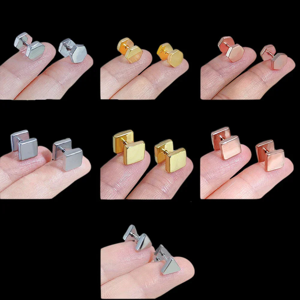 Set of hiphop simple style triangle square earrings in silver gold and rose gold geometry stud earings with smooth surface