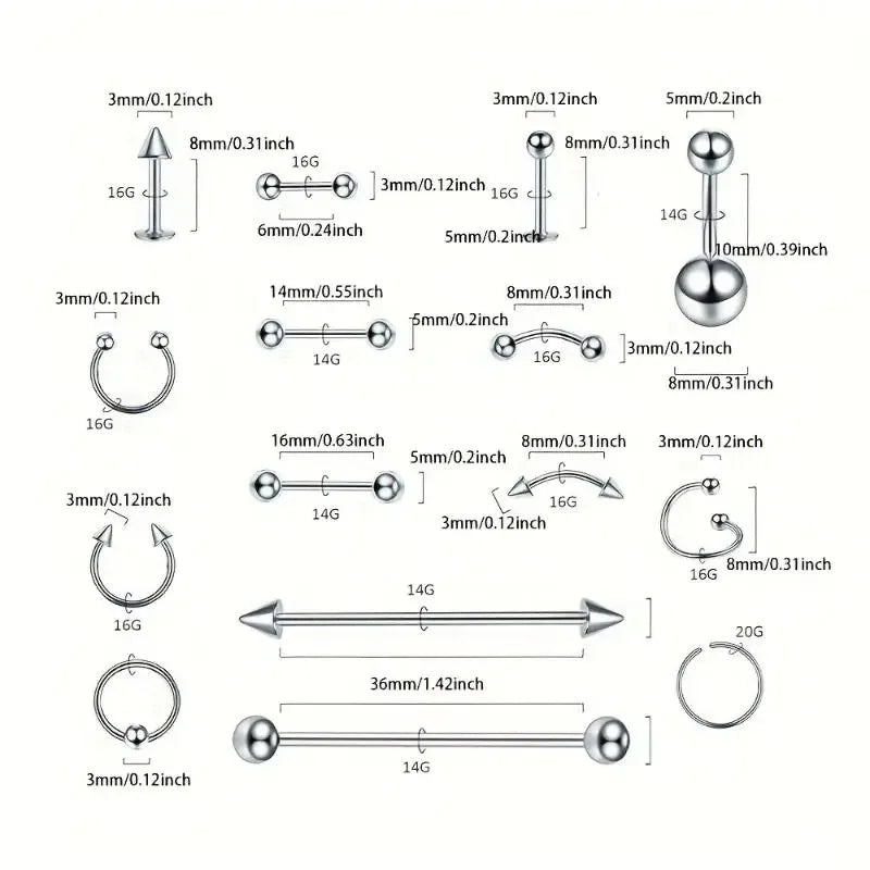 Set of hiphop stainless steel nose ring septum and horseshoe body jewelry in various shapes and sizes for men and women