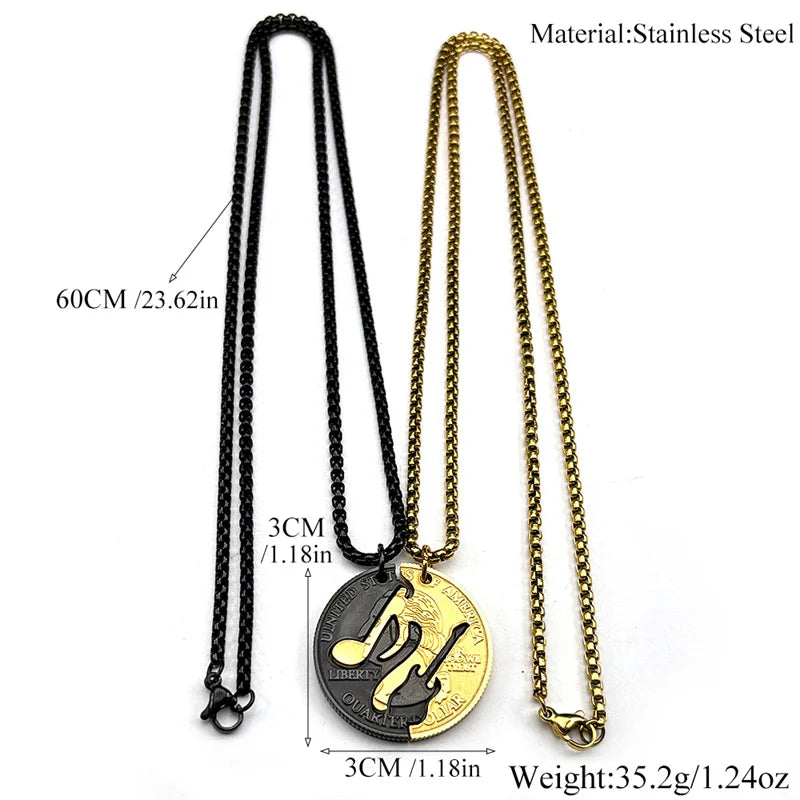 Black and gold stainless steel quarter dollar music couple necklaces with textured chains and guitar pendants for men and women