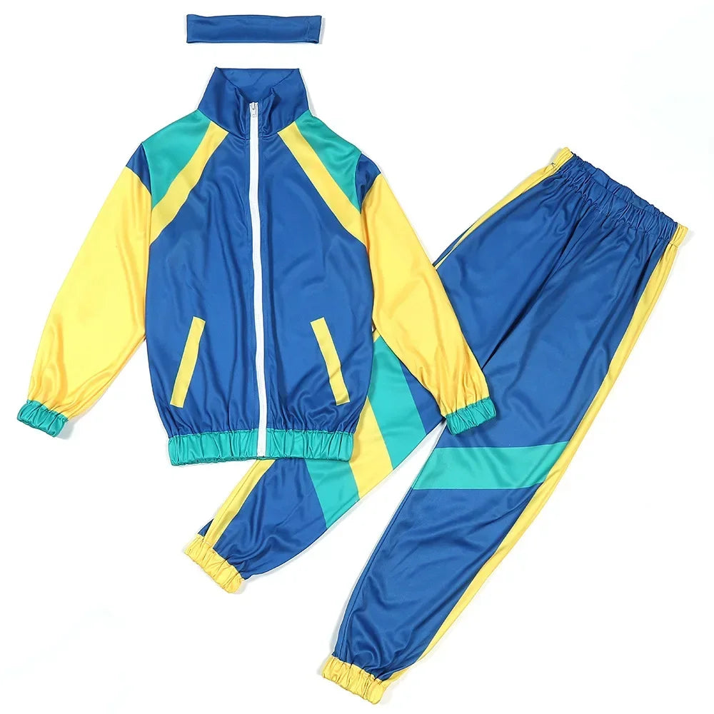 Vibrant blue yellow and teal retro tracksuit set with matching headband for hippie fantasia 80s disco party cosplay carnival vintage rock