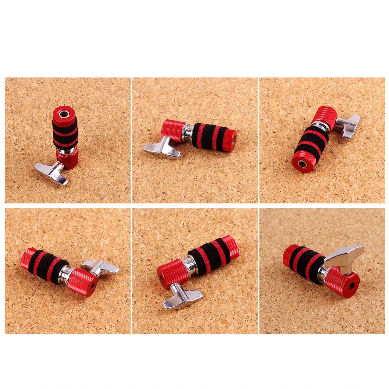Red and black striped hit hat clutch with metallic silver wing nut made of aluminum alloy for jazz drum stands