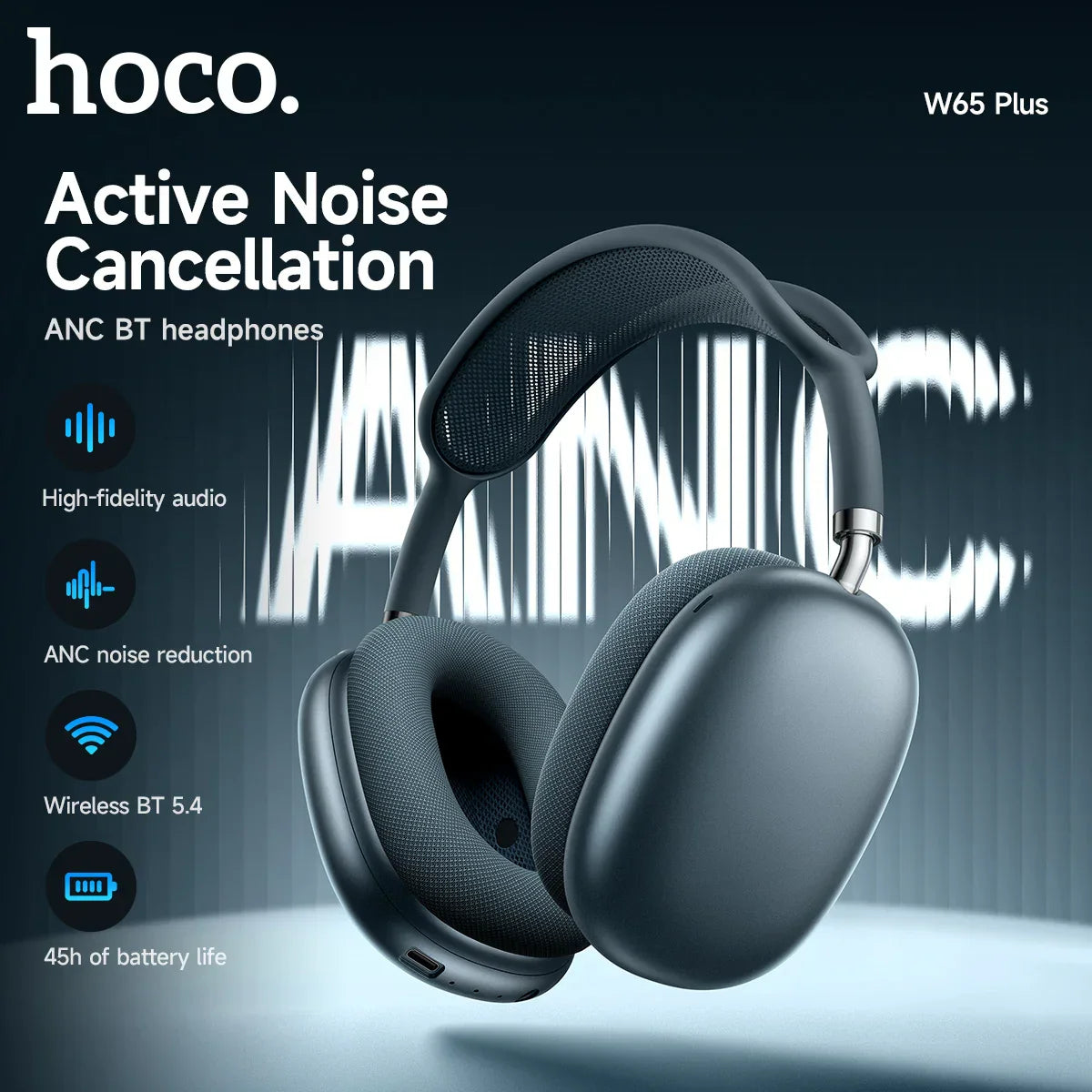 Black hoco w65 plus cancellation bluetooth headphones with matte earcups and breathable mesh headband for sports game wireless use
