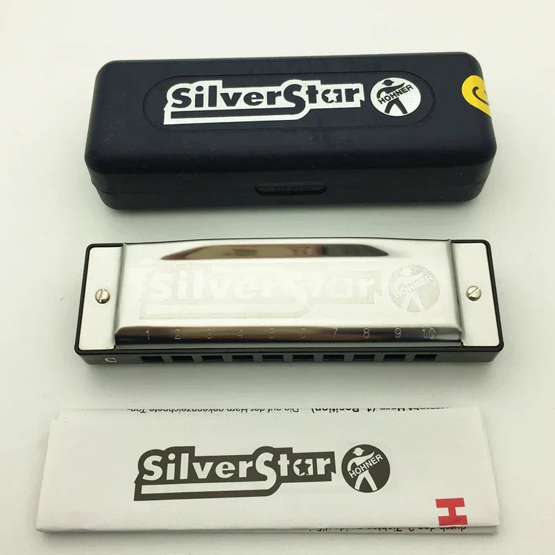 Hohner blues harp key of C mouth organ sliver star gaita with polished metallic body in sleek black case and white sleeve