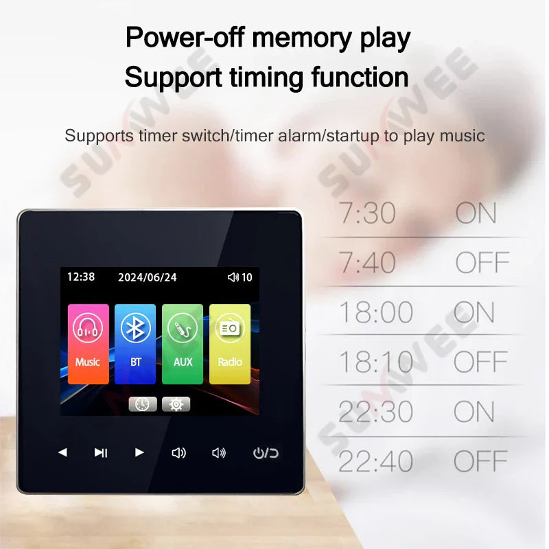 Black rectangular touchscreen home audio wall music panel hotel with bluetooths wall amplifier and digital display