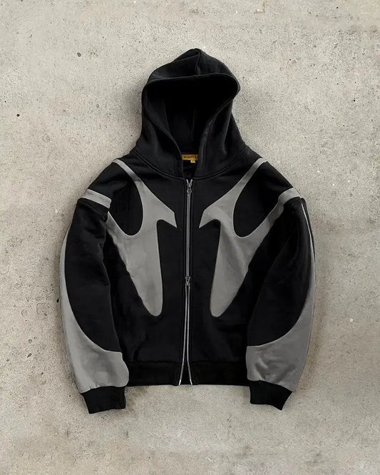 Black and gray hoodie zipper with bold flame-like paneling for womens mens harajuku rock gothic jacket style