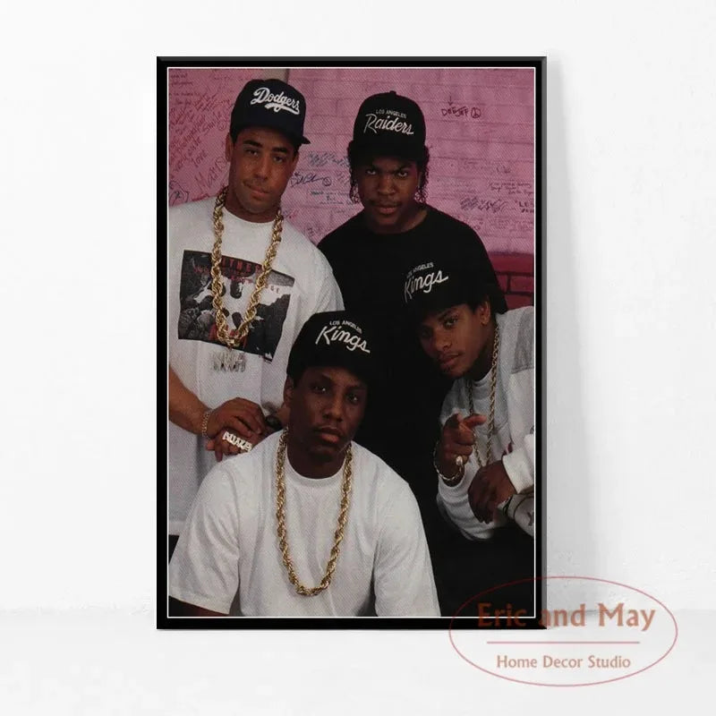 Black-framed canvas painting poster featuring vintage n.w.a hip-hop group photo for prints music wall art picture decorative use