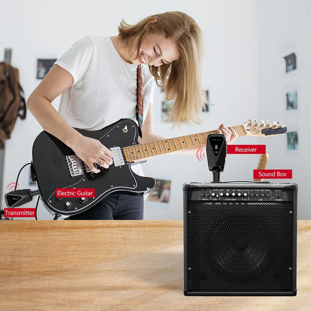 Black electric guitar with light wood fretboard and silver hardware featured in hot music production studio uhf wireless set