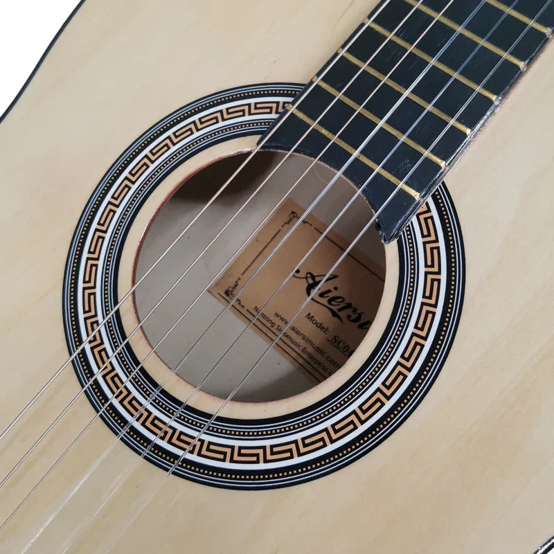 A light-colored classical guitar custom with maple neck basswood body featuring a black and white geometric rosette sale aiersi handmade