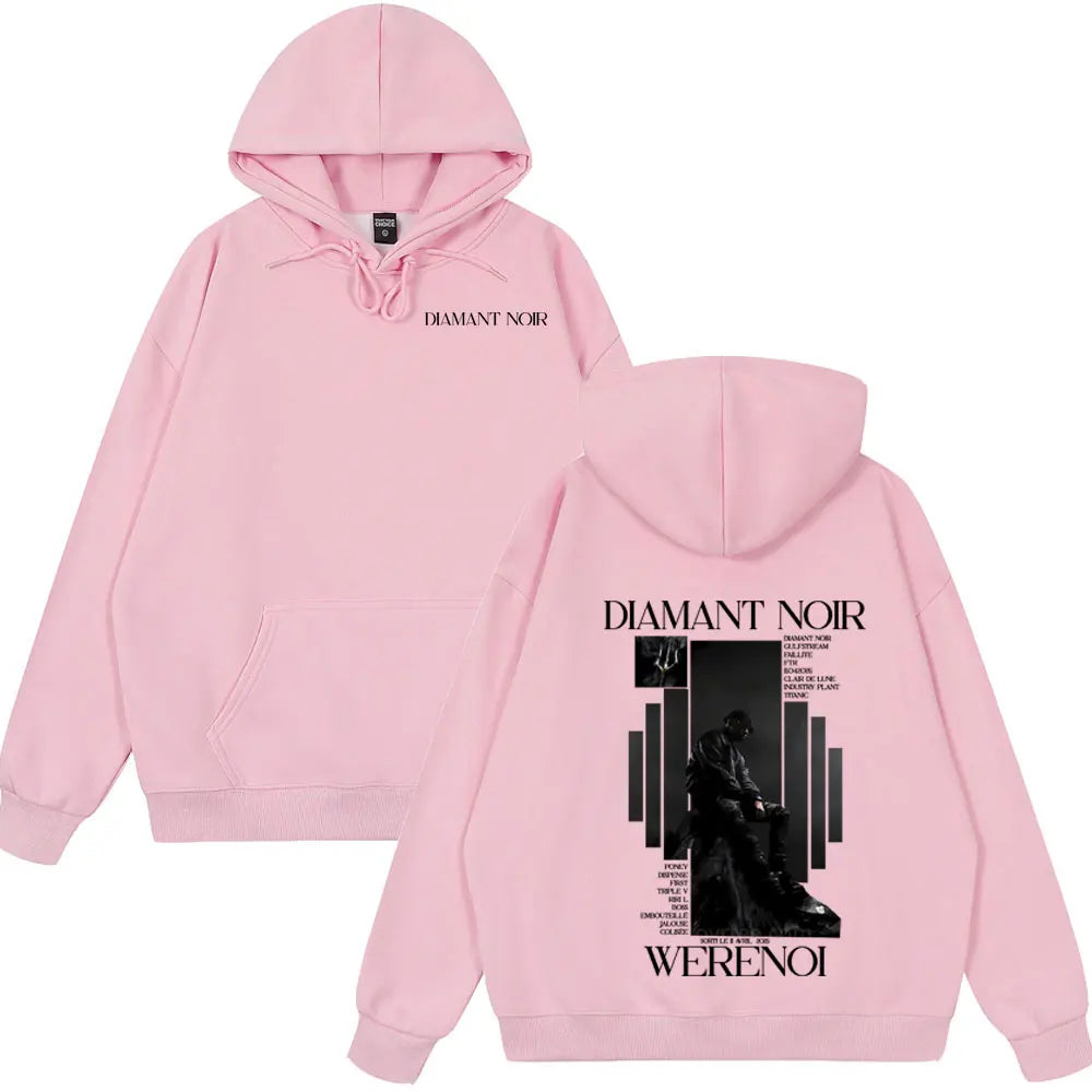 Pink diamant noir cotton hoodie with black graphic print on back featuring text and figure for sale hoody rapper hip hop fashion