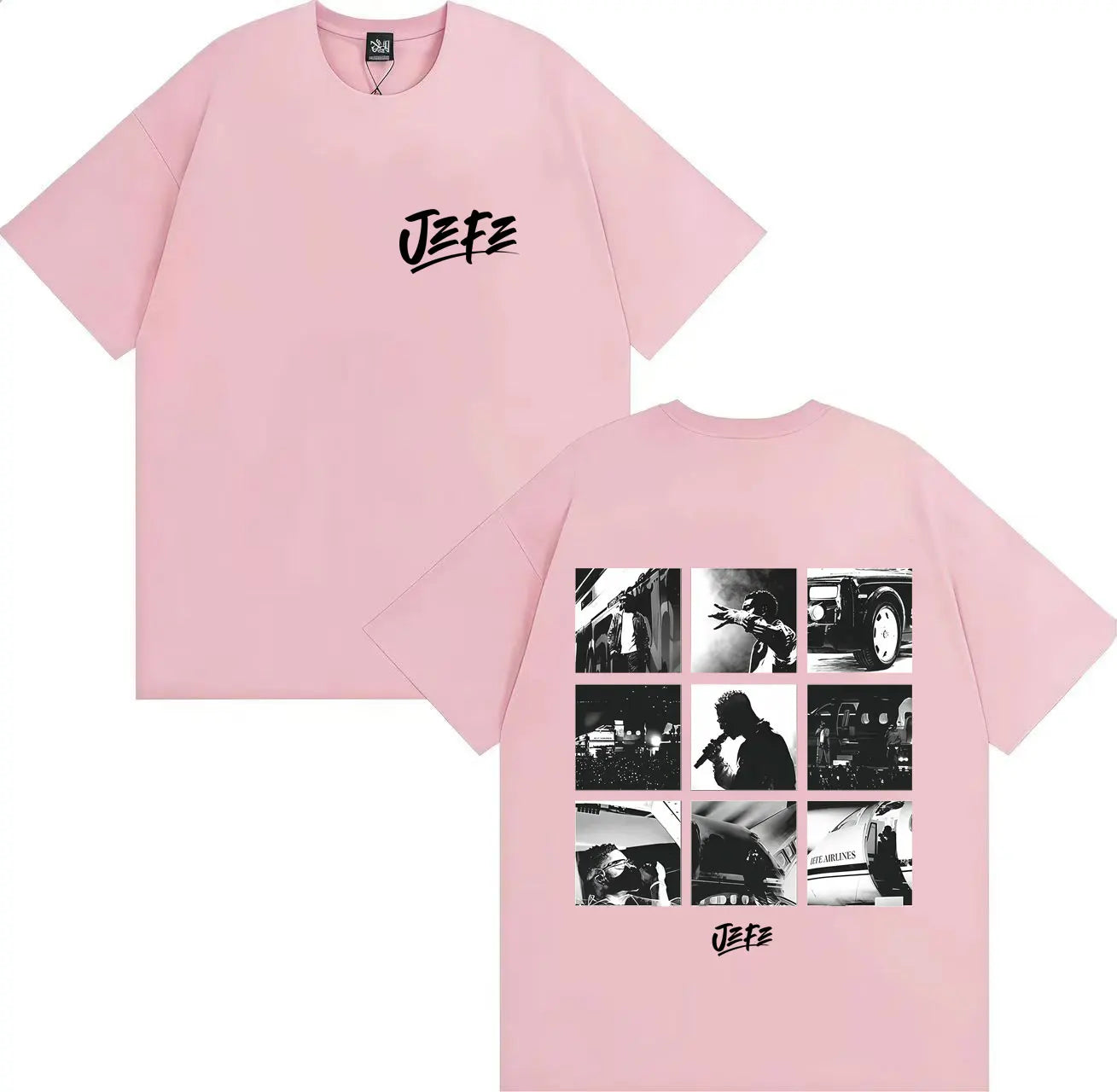 Pink oversized sleeve cotton y2k t shirt with black jefe harajuku tshirt logo and black and white photo grid on back side
