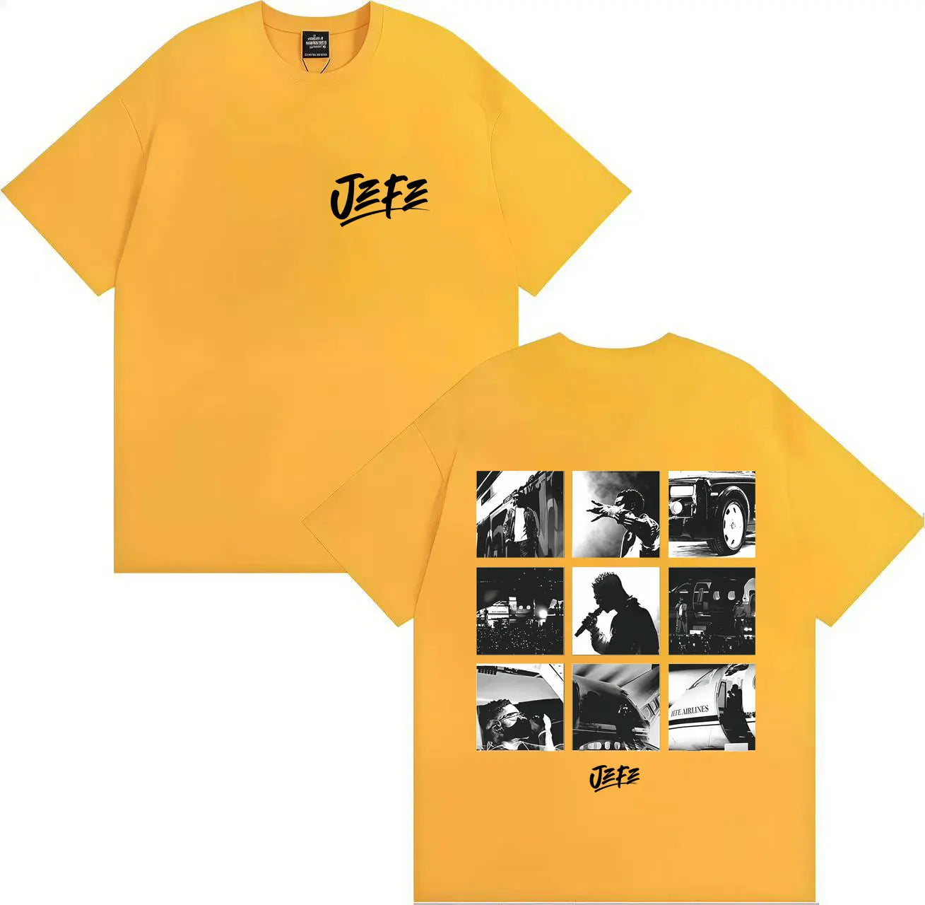 Bright yellow oversized jefe harajuku tshirt with black logo front and photo grid back made of sleeve cotton y2k material