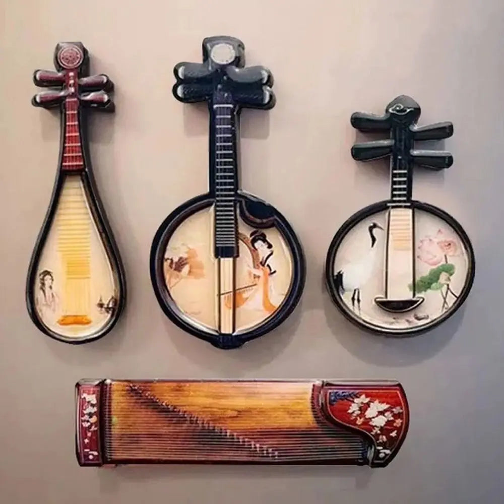 Three ornate black-framed wood dollhouse musical instruments plaques with chinese classical instrument courtesan pattern scenes