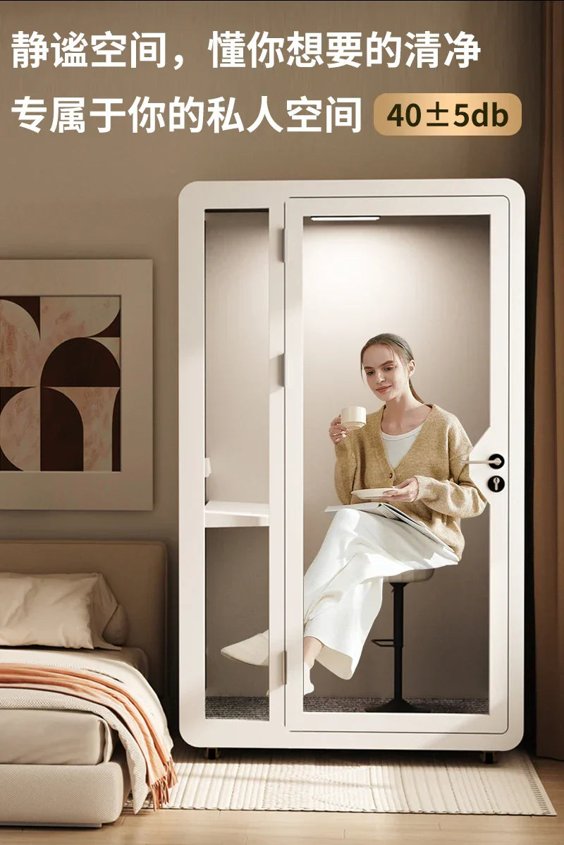 White-framed household piano silent room with glass doors and built-in shelves for singing room recording and studio mobile phone use
