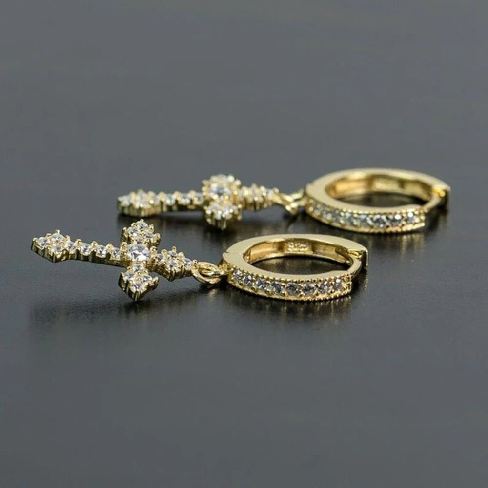 Huitan stylish arrow gold hoop earrings with dazzling crystal zirconia and a zirconia hiphop party cross drop design