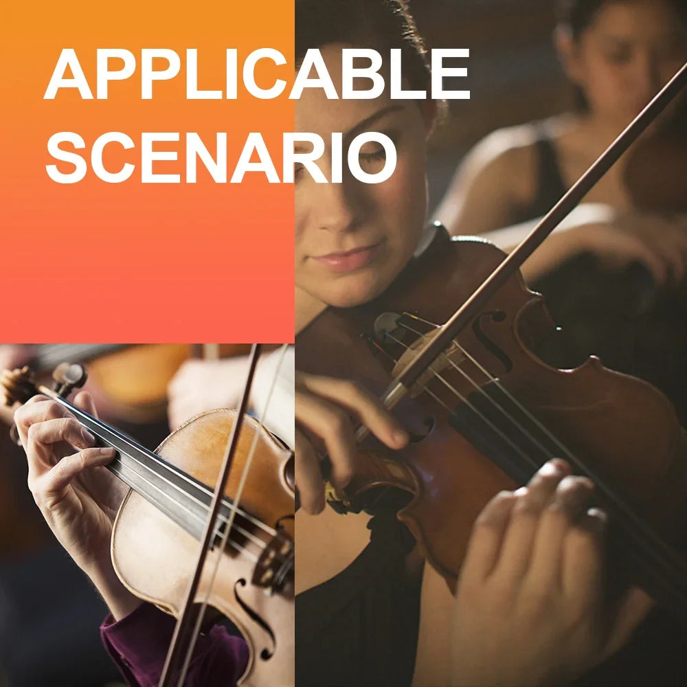 A polished wooden violin with warm amber finish and instrument microphone violin in a dimly lit performance setting