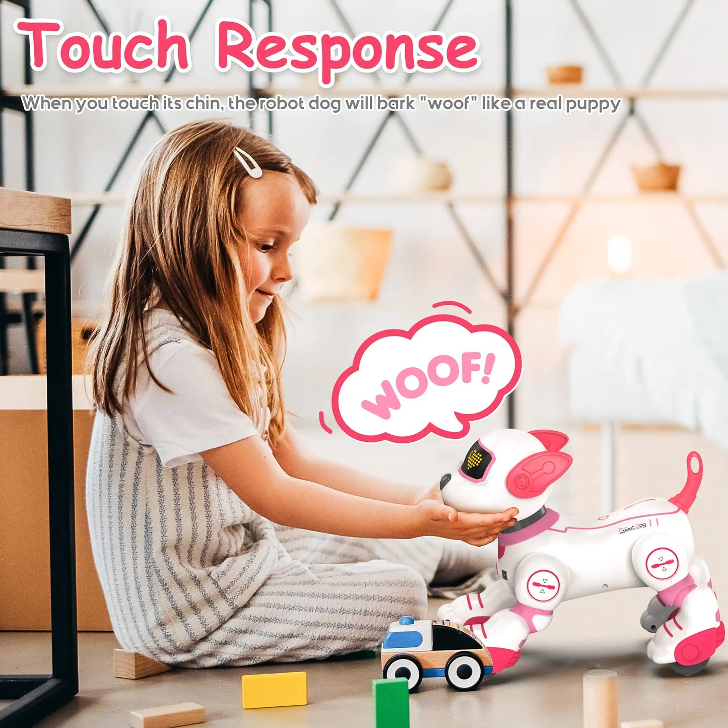 Pink and white intelligent robot dog toy with touch-sensitive features for follow smart interactive stunt music play