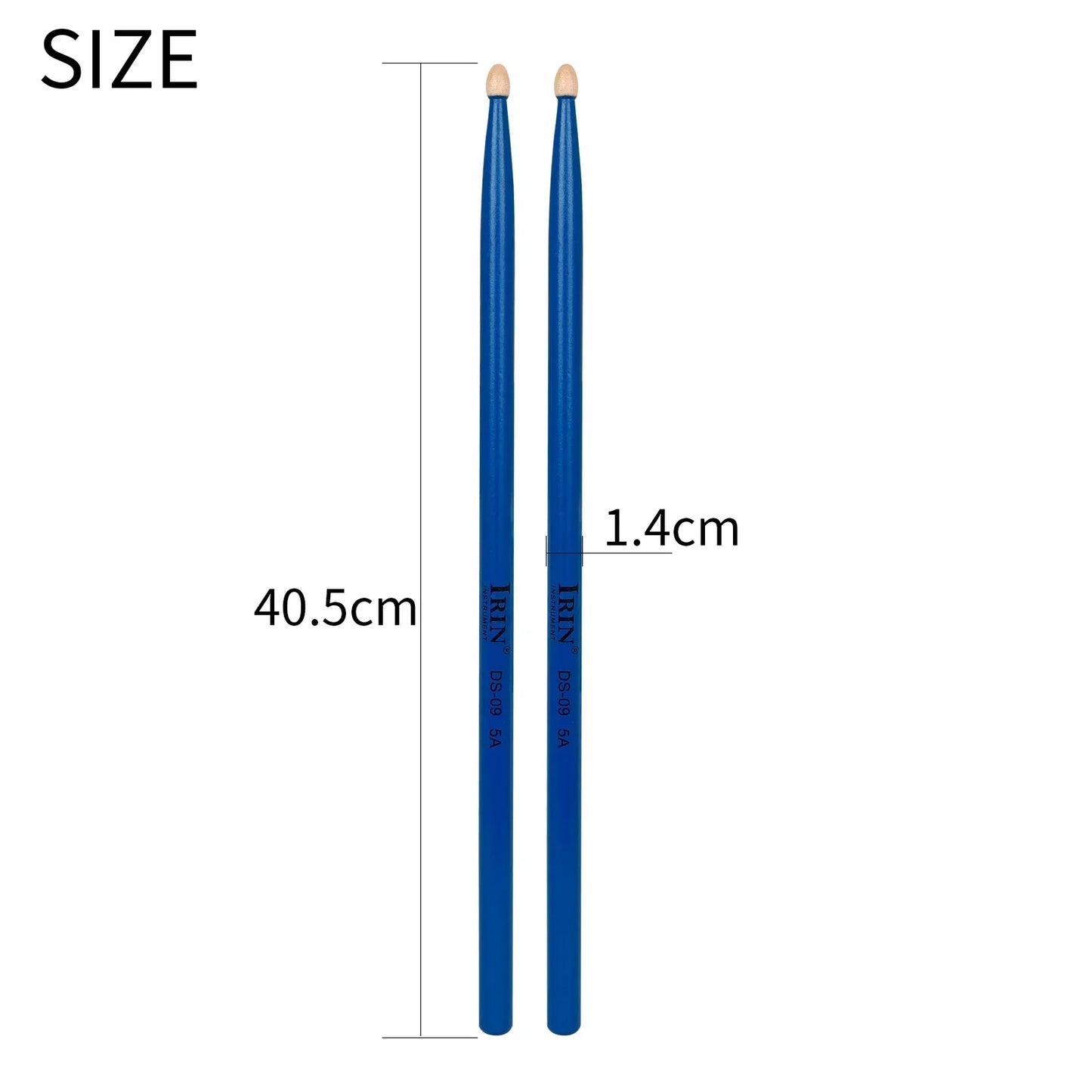 Blue irin 5a drumstick with smooth glossy finish and light wooden tips for professional percussion musical instrument use