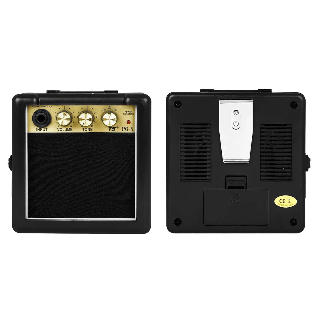 Black compact guitar amplifier with gold control panel and silver metal clip on back for white box black audio use
