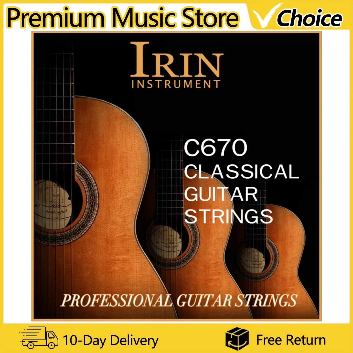 Irin c670 classical guitar strings replacement parts featuring transparent nylon string core with warm wooden guitars background