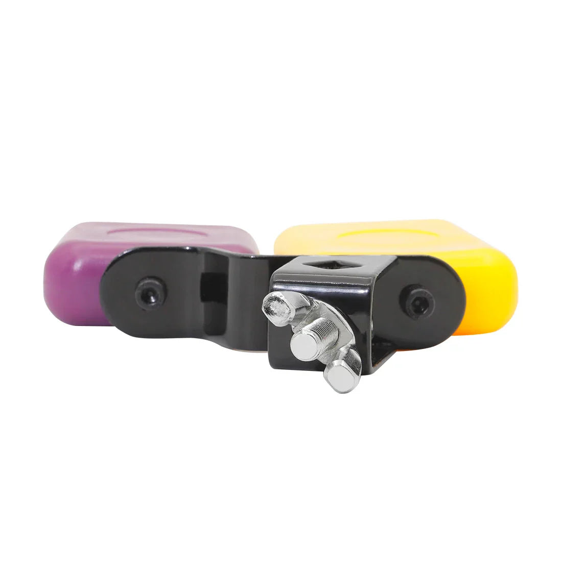 Irin double sambago yellow purple cowbell with black metal clamps and silver screws for low sound knocker percussion use