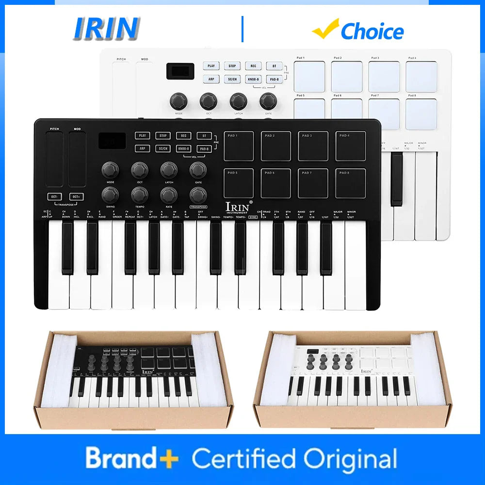 Black and white irin smk-25 midi keyboard controller with 25 keys and rgb backlit drum pads for music production