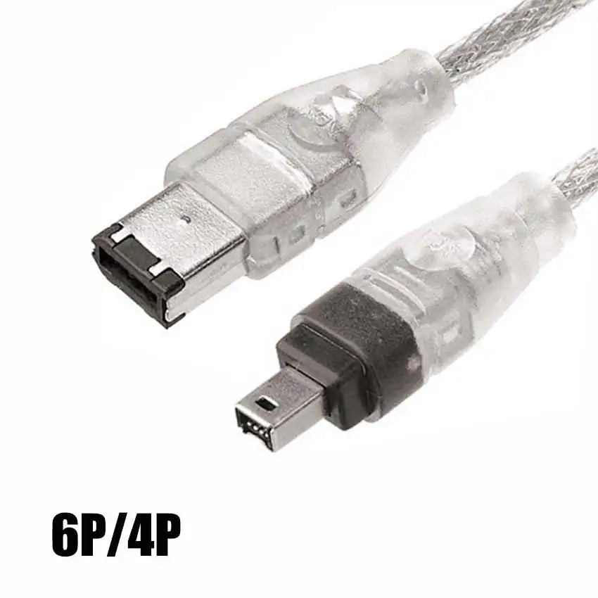 Clear plastic-coated 6p 4p digital camera cable with silver connectors and braided gray wire for high-speed data transmission and camera video capture 4pin ieee connection