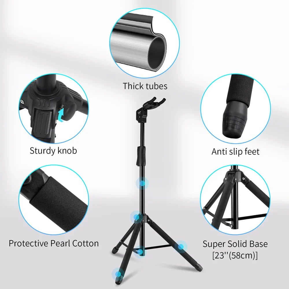 Black foldable hanging guitar tripod stand with thick metal tubes padded grips and anti slip feet for acoustic electric guitar bass