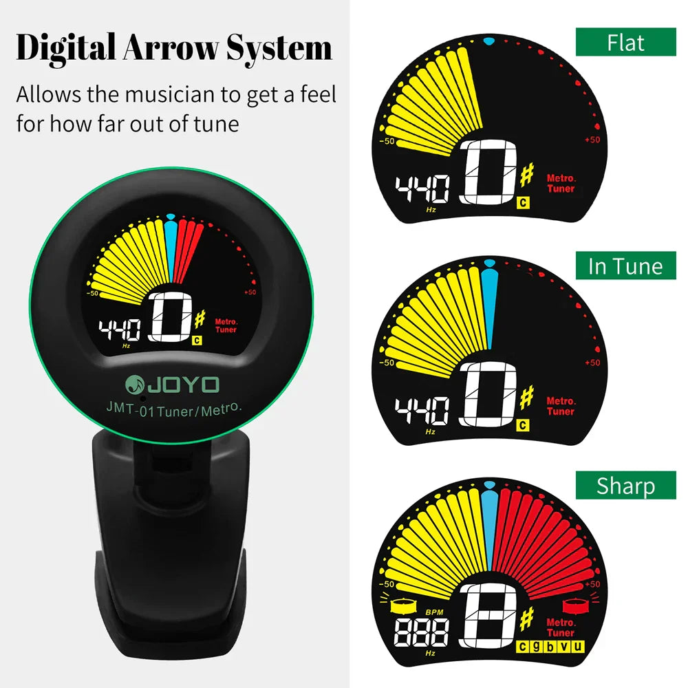 Black JOYO JMT-01 guitar tuner with colorful LED display and 360° rotating clip chromatic tap tempo metronome design