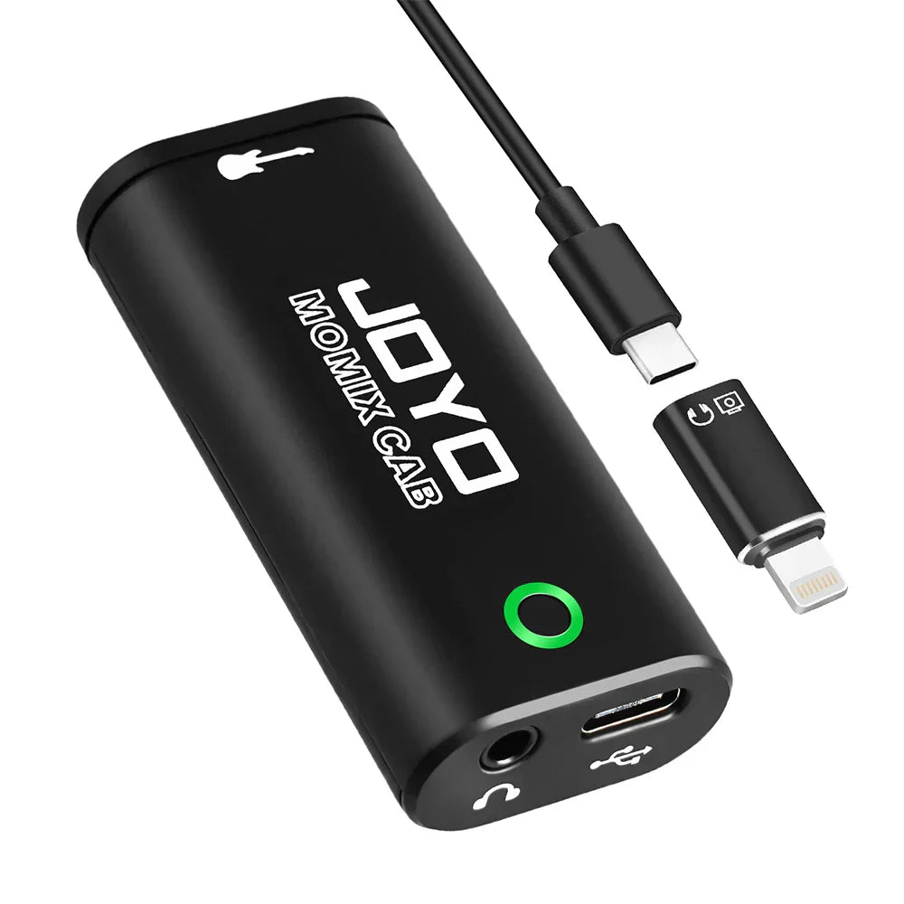 Black joyo momix cab mini audio mixer guitar sound card with green power light and multiple usb-c and lightning ports