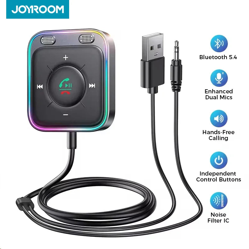 Black rectangular joyroom bluetooth car adapter with adapter dual mics rainbow led lighting and usb cable for calls auto music