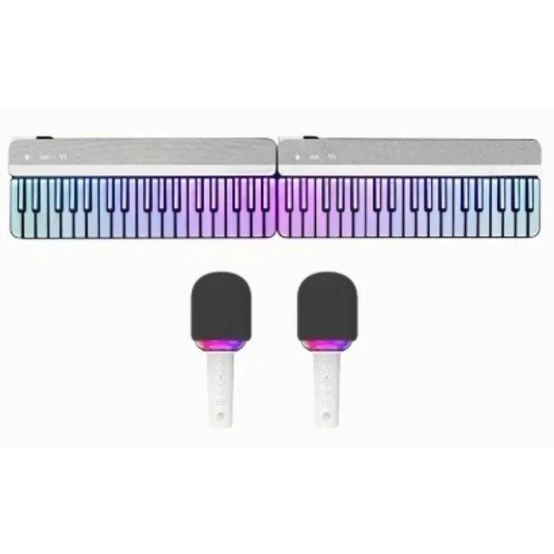 Silver and white led-lit jukebox smart piano keyboard beginner karaoke with two black foam-covered beginner karaoke microphones