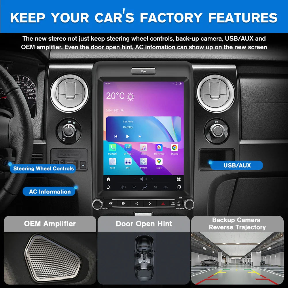 Black touchscreen car stereo with silver bezel and circular knobs featuring tesla screen wireless android auto radio for ford f150