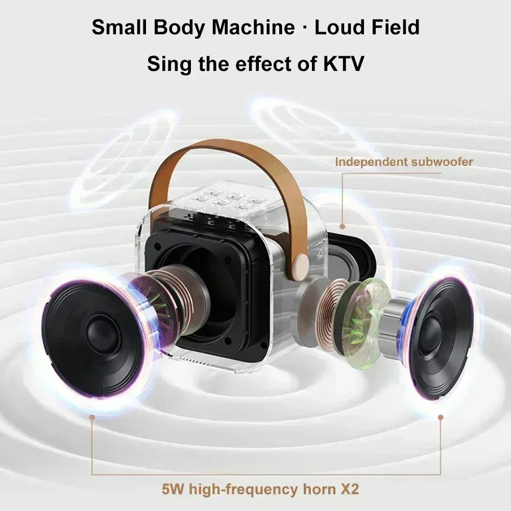 Transparent plastic k12 karaoke machine with tan leather handle and wireless rgb lights gift speaker for parties