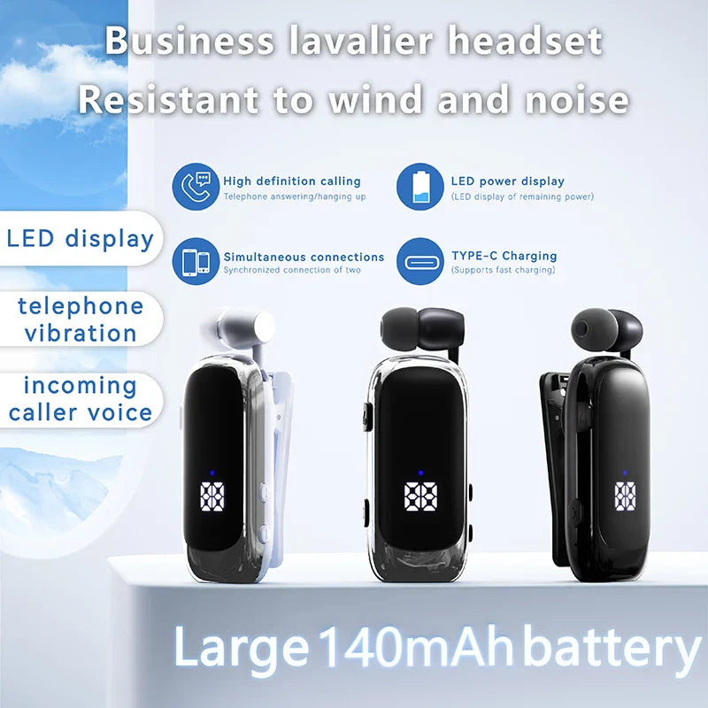 Black and silver k88 lavalier business bluetooth headset with led digital display type-c port and noise cancelling wireless earphones