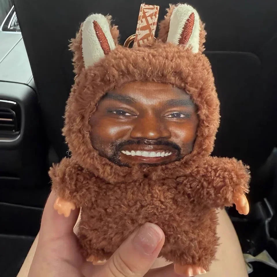 Brown fuzzy bunny keychain with kanye west printed face white ears orange stitching trendy pendant layeye design birthday present trending toy