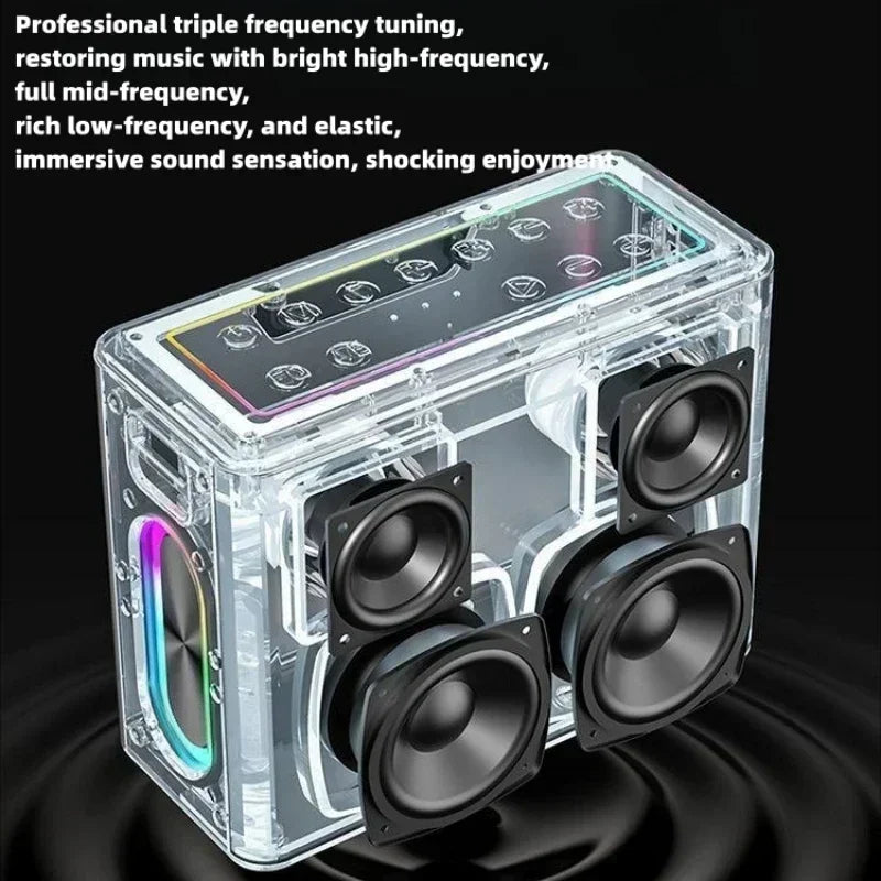 Clear plastic karaoke family party bluetooth speaker caixa portable subwoofer with four black drivers and rainbow led ring